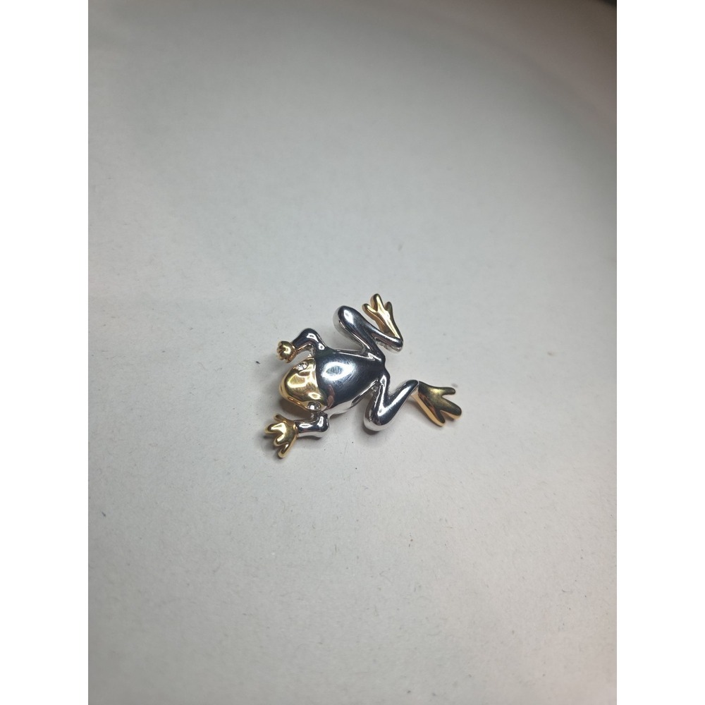 LIA SOPHIA Gold Silver 2-Tone Frog Pin Brooch Clear Rhinestone Eyes~2 1/2"